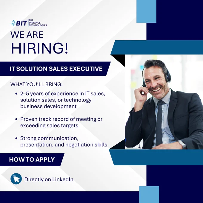 We are hiring for an IT Solutions Sales Executive
What you'll bring
2–5 years of experience in IT sales, solution sales, or technology business development
Proven track record of meeting or exceeding sales targets
Strong communication, presentation, and negotiation skills
Apply directly on LinkedIn