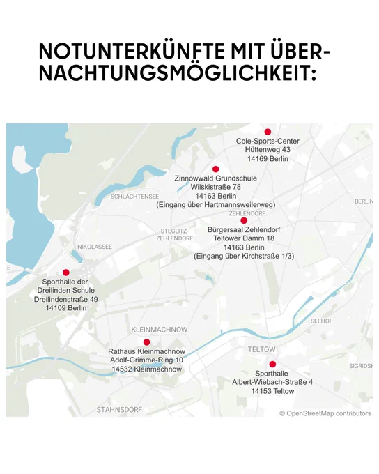 Karte mit einer Übersicht der aktuellen Notunterkünfte.