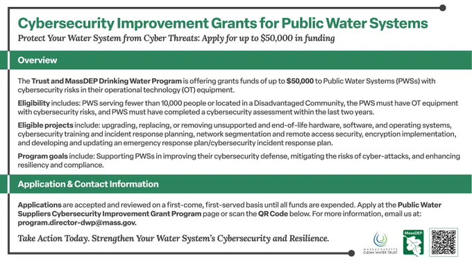 Flyer for Cybersecurity Improvement Grants for Public Water Systems Program. Administered by the Clean Water Trust and MassDEP.