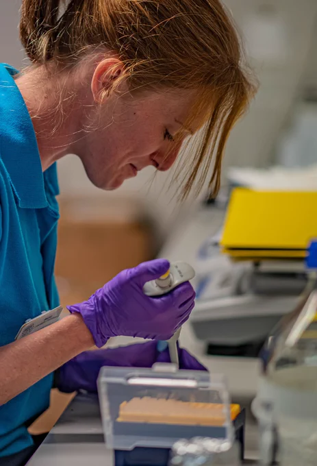 A woman in a blue top pipetting fluid into test tubes