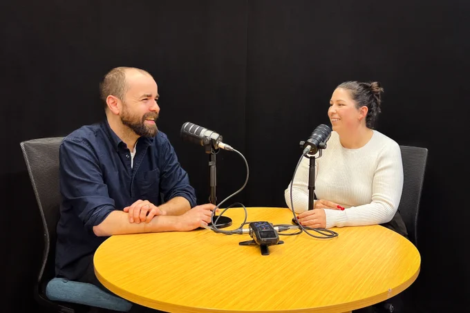 Jack Young, research impact and bibliometrics librarian, and Carlie King, digital media specialist, showcase a portable podcasting kit in Lyons New Media Centre.