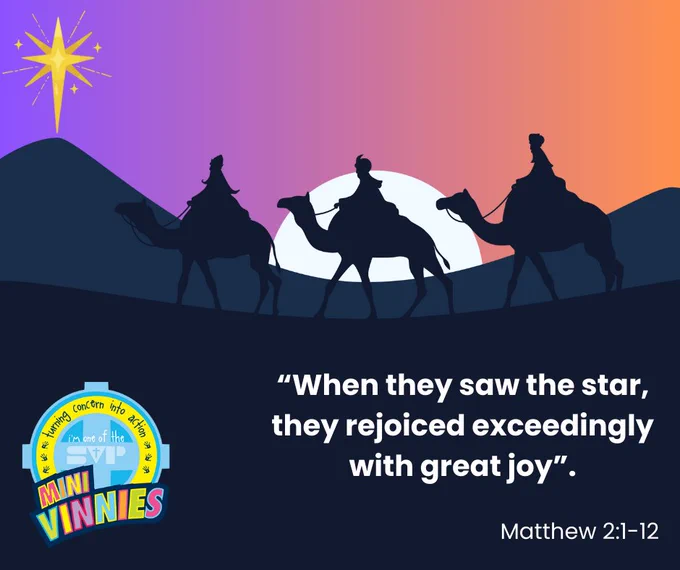 Silhouette of the three wise men journeying on camels. Text reads: "When they saw the star, they rejoiced exceedingly with great joy" (Matthew 2:1-12)