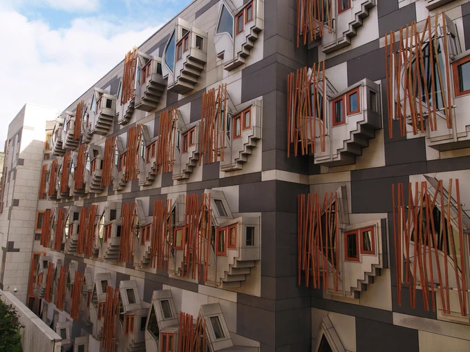 MSP block of the Scottish Parliament, showing the oddly shaped MSP office window seats sticking out from the wall.