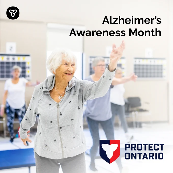 Seniors exercising. Image Text: Alzheimer’s Awareness Month.
