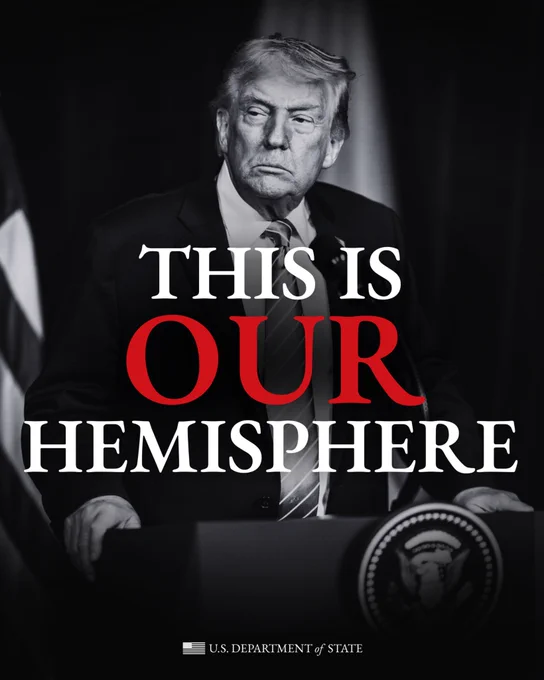 President Trump participates in a press conference with graphic text, "This is OUR hemisphere"