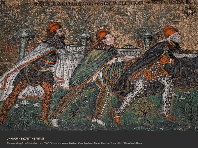 UNKNOWN BYZANTINE ARTIST
The Magi offer gifts to the Madonna and Child , 6th century, Mosaic, Basilica di Sant’Apollinare Nuovo, Ravenna; Terence Kerr / Alamy Stock Photo