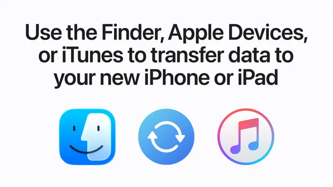 Use the Finder, Apple Devices, or iTunes to transfer data to your new iPhone or iPad. The icons for the Finder, Apple Devices, and iTunes are displayed below.