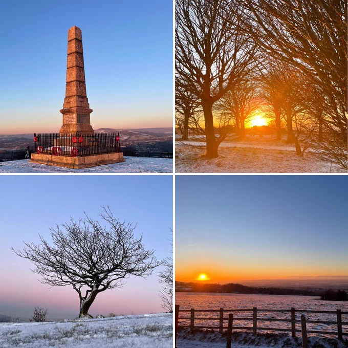 Collage of four photos on a snowy Werneth Low at around sunset