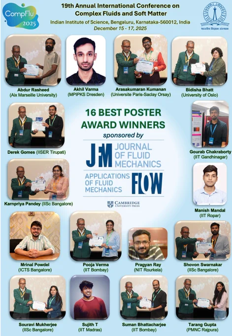 Promotional poster for the 19th Annual International Conference on Complex Fluids and Soft Matter, titled 'APPLICATIONS OF FLUID FLOW MECHANICS', taking place in 2025 at the Indian Institute of Science, Bengaluru. Features names and photos of sixteen guest speakers from various academic institutions, including IISER Tirupati and the University of Cambridge, along with four major sponsors.