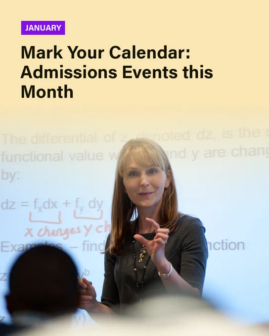 A person presenting a mathematical lecture to an audience. There's a yellow gradient at the top with the words 'JANUARY' 'Mark Your Calendar: Events this Month'