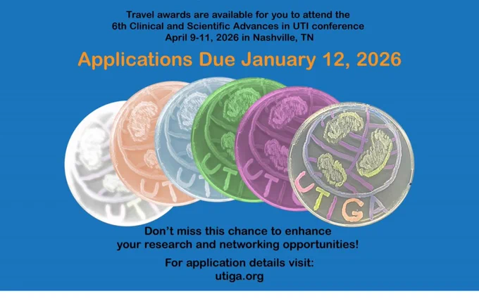 Blue poster announcing travel award applications due Jan 12, 2026, with overlapping colorful circular UTI-themed medallions and conference details for April in Nashville.