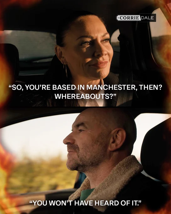 The image is split into two. The top image shows Chas looking out of the car window, smiling. She says to Tim, "So, you're based in Manchester, then?" Whereabouts?" The bottom image shows Tim smiling as he drives. He replies, "You won't have heard it."