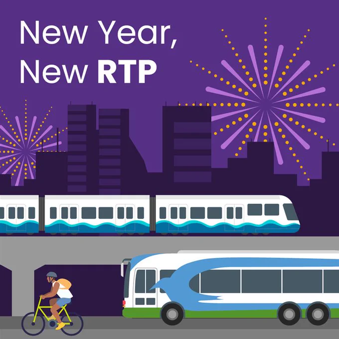 Purple graphic with fireworks behind a city skyline. In front of the cityscape, a train, bus and bicyclist are heading to their destinations. Text: New Year, New RTP