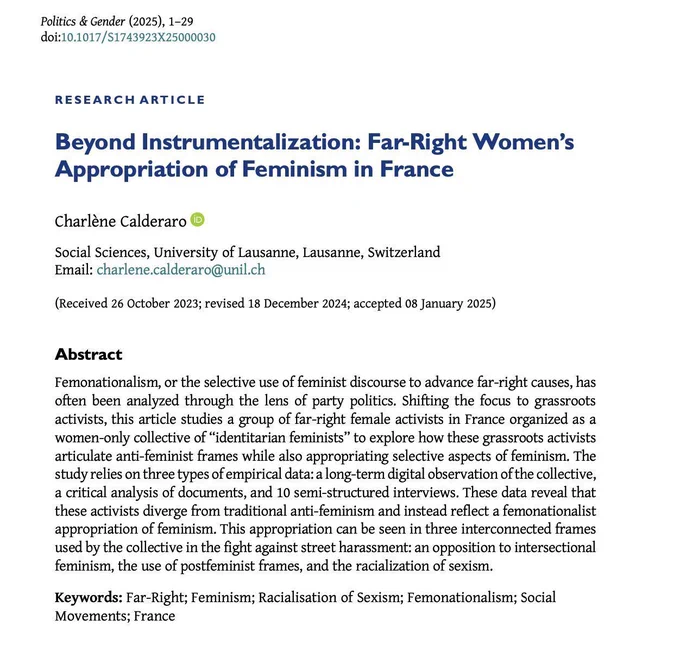 Research article titled "Beyond Instrumentalization: Far-Right Women's Appropriaton of Feminism in France" by Charlène Calderaro