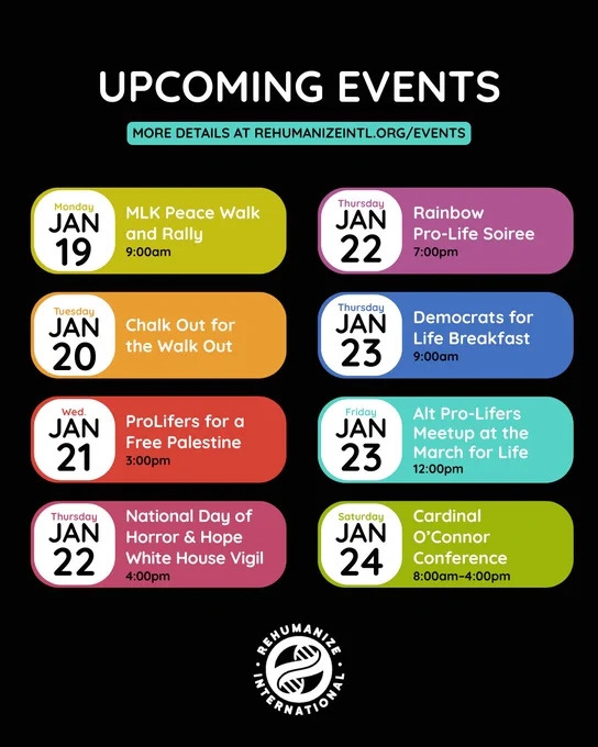 Calendar listing upcoming events from January 19 to 24 including rallies, meetups, and conferences by Rehumanize International.