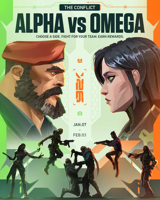 The Conflict: Alpha vs Omega event poster for VALORANT with a green and orange color scheme. It shows large portraits of Brimstone (Alpha) and Viper (Omega) facing each other, with smaller figures of other agents like Reyna, Raze, Sova, Yoru, and Breach fighting below. The event runs from January 7 to February 3.

