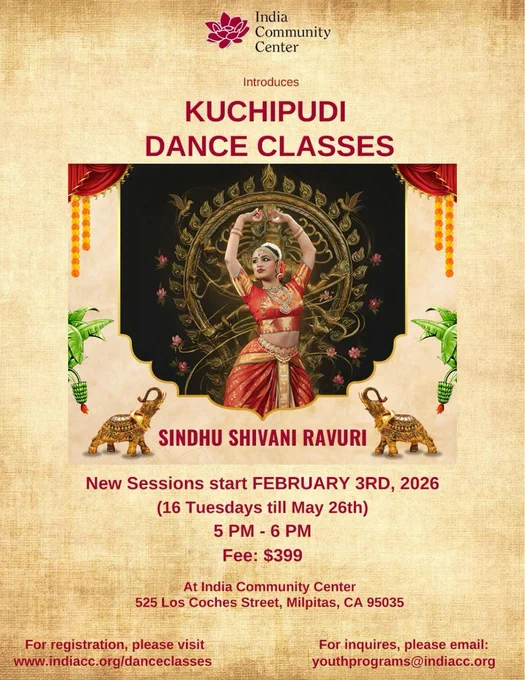 ✨ Kuchipudi Dance Classes at ICC ✨

Step into the grace, rhythm, and storytelling of Kuchipudi, one of India’s most beautiful classical dance forms. Join us for a new session led by Sindhu Shivani Ravuri at the India Community Center.

Starts: February 3, 2026
Schedule: Tuesdays (16 sessions | till May 26)
Time: 5 PM – 6 PM
📍 Location: India Community Center, Milpitas
Fee: $399

Perfect for students looking to learn, refine, and immerse themselves in classical dance.

Register now: www.indiacc.org/danceclasses

Inquiries: youthprograms@indiacc.org

#kuchipudi #classicaldance #indiandance  #kuchipudiclasses #indiacommunitycenter #culturalarts #milpitas #bayareadance 
