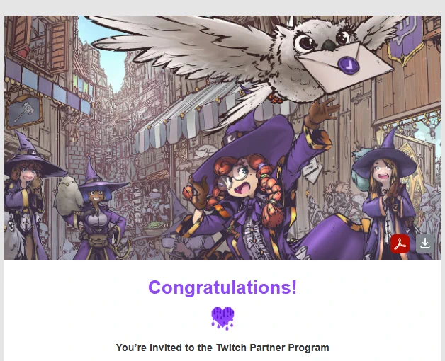 A graphic that says congratulations you're invited to the Twitch Partner Program ! showing that Kiwi has been invited to be a Twitch Partner