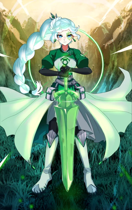 Weiss Schnee, from RWBY, in her Atlas-era outfit, decorated in the colors, symbolism, and Power Ring of a Green Lantern from DC Comics. She holds in front of her a green construct replica of the sword wielded by the Arma Gigas she summons.