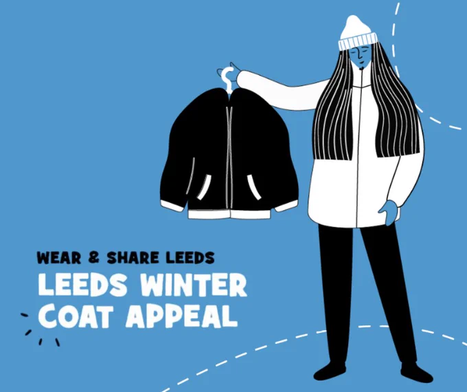 An illustration of a woman in a beanie and fleece holding a coat on a hanger. Next to the woman is the logo for the Wear and Share Leeds Leeds Winter Coat Appeal