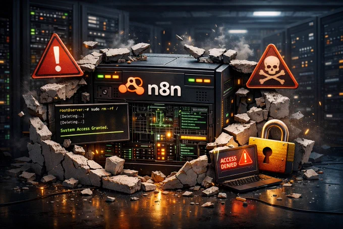 Diagram showing an n8n automation server compromised through a sandbox bypass leading to remote code execution.