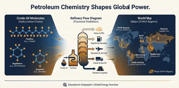 “Create a clean educational infographic showing crude oil molecules, a refinery flow diagram, and a world map highlighting major oil-rich regions. Add the caption: ‘Petroleum Chemistry Shapes Global Power.’ Neutral tone, minimal vector style, dark blue–amber palette, professional layout optimized for X/Twitter.”