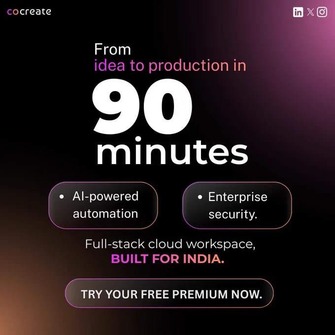 A promotional graphic emphasising rapid software delivery, highlighting a large “90 mins” visual with text explaining idea to production, supported by AI-powered automation, enterprise security, and a full-stack cloud workspace designed for Indian teams.