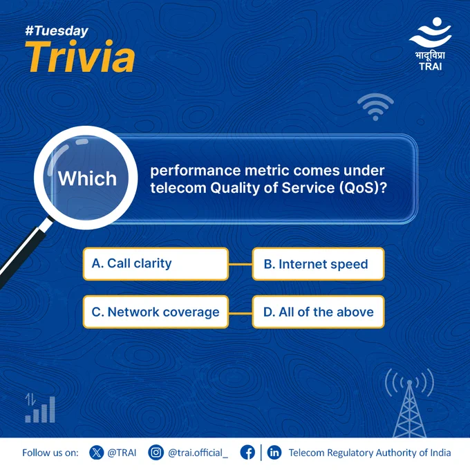 Do you know Which performance metric comes under telecom Quality of Service (QoS)?
A. Call Clarity
B. Internet Speed
C. Network Coverage
D. All of the above