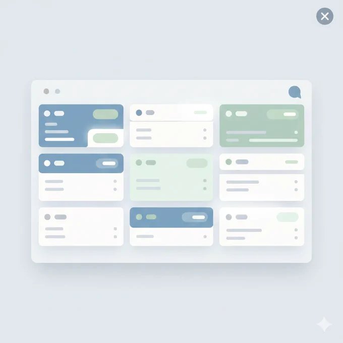Web dashboard layout showing multiple cards or list items in a grid, some items highlighted, minimal modern SaaS-style UI, neutral background.