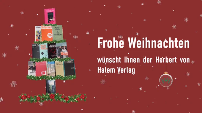 Ein weihnachtlich dekorierter Baum aus verschiedenen Buchcovers.