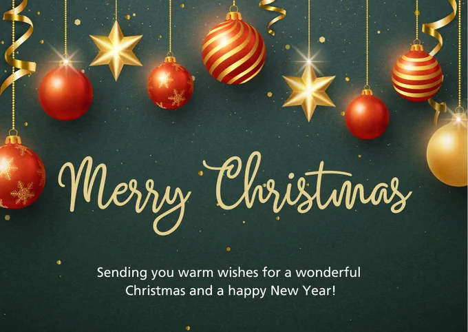 A holiday greeting card with "Merry Christmas" in elegant script, adorned with hanging red and gold baubles, and a message wishing a wonderful Christmas and a happy New Year.