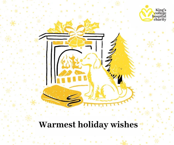 Illustration of a dog sitting by a decorated fireplace with a Christmas tree and blanket, conveying warm holiday wishes.