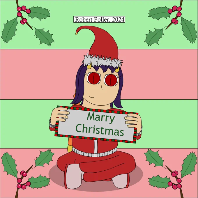 It's a cartoon illustration of Mary from the animated web series Literally Hell. She's wearing a Santa Clause outfit and she's holding up a sign that reads 'Merry Christmas.' 