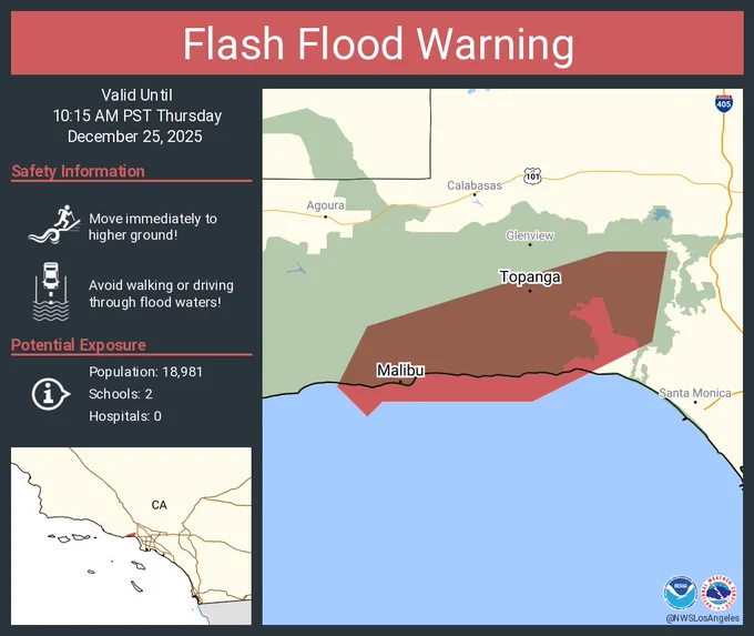 This graphic displays a flash flood warning plotted on a map. The warning is in effect until 10:15 AM PST. The warning includes Malibu CA and Topanga CA.  This warning is for Southwest Los Angeles County in southwestern California. Avoid walking or driving through flood waters! Move immediately to higher ground! There are 18,981 people in the warning along with 2 schools and 0 hospitals.