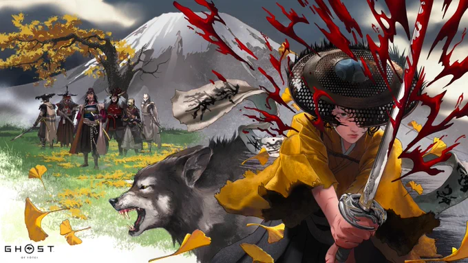 Ghost of Yotei Famitsu Cover Art depicting Atsu with her sword out covered in blood with Wolf standing behind her standing in a field of grass and ginkgo leaves. In the background is Mount Yotei and a ginkgo tree with the Yotei Six standing by it. 