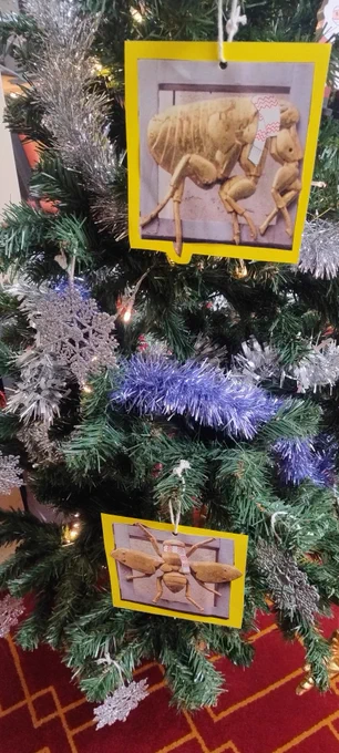 Housefly and flea vectors with scarves on on the Christmas tree.
