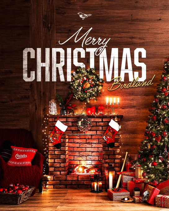 Merry Christmas, Birdland | The graphic features a fireplace surrounded by Christmas decorations.
