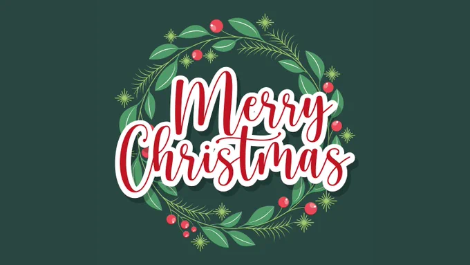 Green wreath of leaves and red berries encircling red script text reading “Merry Christmas” on a dark green background.