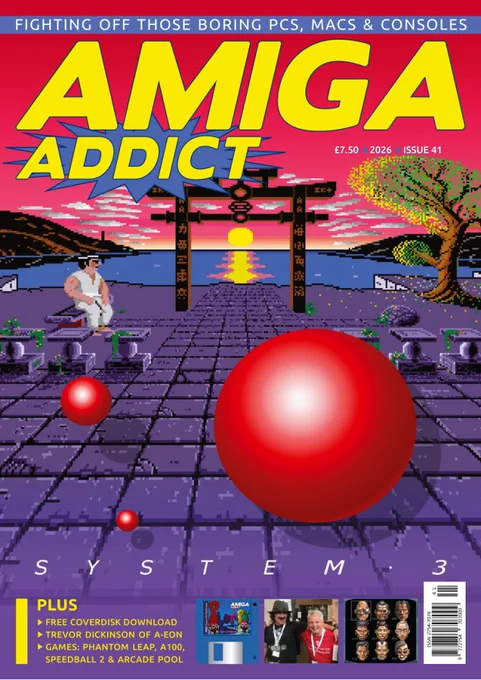The Amiga Addict Issue 41 cover featuring the System 3 logo and the IK  sunset-drenched battleground.