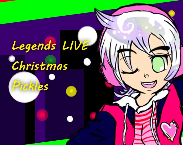 The cover of an indie visual novel JRPG Christmas Special made in RPG Maker. The cover picture shows a pink hair anime girl winking to the game title on the left that reads "Legends LIVE Christmas Pickles.