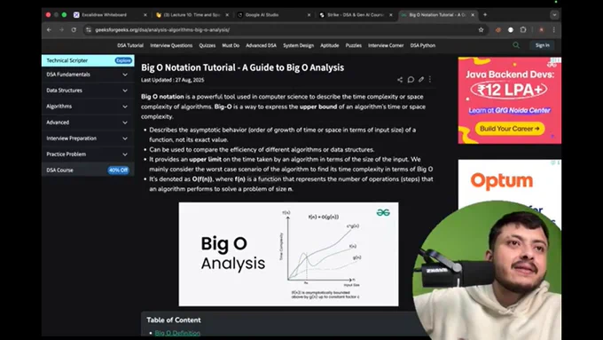 **Day 18 of #StrikeDSA & #GenAI with Rohit Bhaiya 🚀**

Today I fixed one of the **most misunderstood topics in Computer Science**:
**Big-O, Omega (Ω) and Theta (Θ)**.

### ✅ Correct definitions (no shortcuts):

🔹 **Big-O (O)**
→ Represents an **upper bound**
→ Actual function can be **equal to or below** it

🔹 **Omega (Ω)**
→ Represents a **lower bound**
→ Actual function can be **equal to or above** it

🔹 **Theta (Θ)**
→ Represents the **exact bound**
→ Tight growth on both sides

### 📌 Example:

If **Θ(n²)** is the exact complexity, then:

* **Big-O** can be: `n²`, `n³`, `n⁴`, …
* **Omega** can be: `n²`, `n`, `1`, …

❌ Myth broken:
Big-O ≠ worst case
Omega ≠ best case
Theta ≠ average case

✅ They are **mathematical bounds**, not performance labels.

Understanding this changes how you analyze algorithms forever.

#DSA #TimeComplexity #BigO #Theta #Omega #ComputerScience #StrikeDSA
