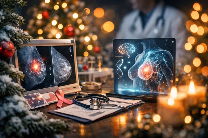 Softly lit, abstract holiday scene that blends medical imaging aesthetics with warm, seasonal tones. Subtle visual elements evoke care, collaboration, and hope, suggesting the role of artificial intelligence in advancing breast cancer screening without using text or explicit symbols.