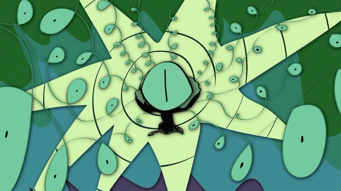 screen shot of abstract animation. At the center of the screen is a green tree with a large light green eye with a black vertical pupil. Spirals of green with other light green eyes in their loops radiate outwards from behind the tree. There's also a large yellowish starburst shape behind the tree. Abstract fields of green and purple are behind that.