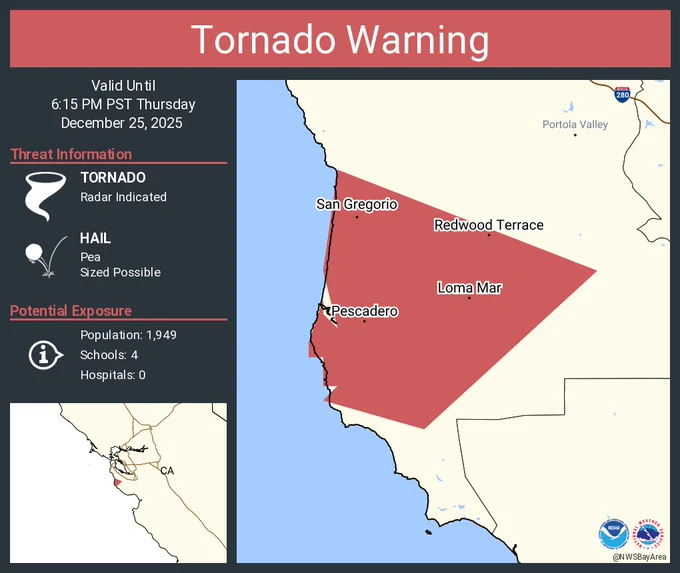 This graphic displays a tornado warning plotted on a map. The warning is in effect until 6:15 PM PST. The warning includes Pescadero CA, Loma Mar CA and Redwood Terrace CA.  This warning is for Northwestern Santa Cruz County. The threats associated with this warning are a radar indicated tornado and pea sized hail. There are 1,949 people in the warning along with 4 schools and 0 hospitals.