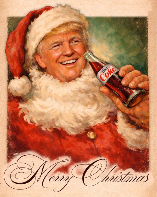 President Trump drinking a bottle of Diet Coke in a Santa suit with text that reads Merry Christmas
