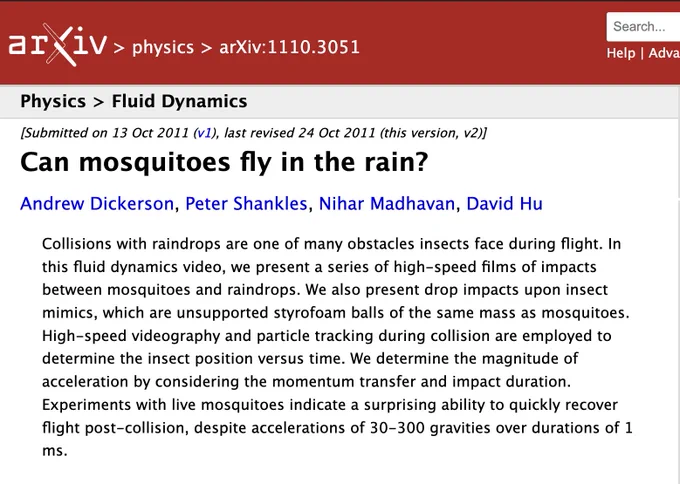Collisions with raindrops are one of many obstacles insects face during flight. In this fluid dynamics video, we present a series of high-speed films of impacts between mosquitoes and raindrops. We also present drop impacts upon insect mimics, which are unsupported styrofoam balls of the same mass as mosquitoes. High-speed videography and particle tracking during collision are employed to determine the insect position versus time. We determine the magnitude of acceleration by considering the momentum transfer and impact duration. Experiments with live mosquitoes indicate a surprising ability to quickly recover flight post-collision, despite accelerations of 30-300 gravities over durations of 1 ms.