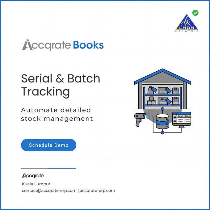 Accqrate Books offers serial and batch tracking to automate detailed stock management, as illustrated by a smartphone and warehouse graphic, from Kuala Lumpur, Malaysia.