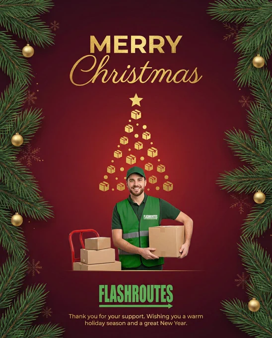 Holiday greeting poster for FlashRoutes, a Vancouver courier. Red Christmas background with gold “Merry Christmas” text, a Christmas tree made of parcel icons, a smiling courier holding boxes, and the FlashRoutes logo. Free pickup in Metro Vancouver, shipping across Canada and to the U.S.