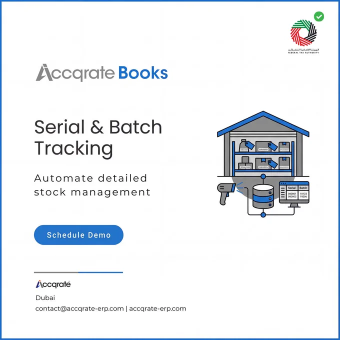 Accqrate Books offers serial and batch tracking to automate detailed stock management in Dubai, United Arab Emirates, with a visual of data flow and storage containers.