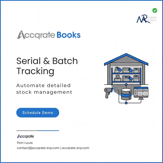 Accqrate Books offers serial and batch tracking to automate detailed stock management, as illustrated by warehouse shelving and data cylinders, from Port Louis, Mauritius.